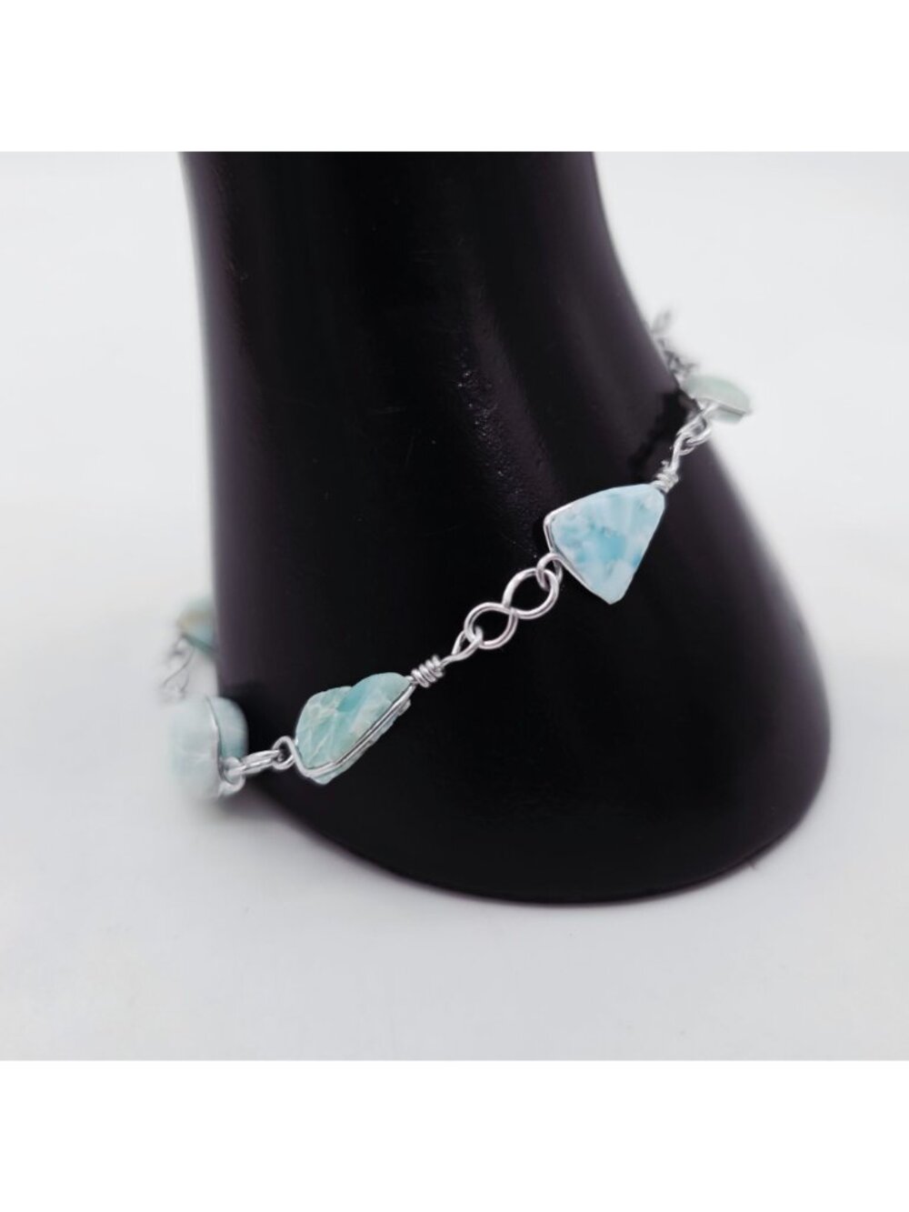 Triangle-Cut Larimar Gemstone Bracelet Sterling Silver Chain 8 Inches - Picture 2 of 7